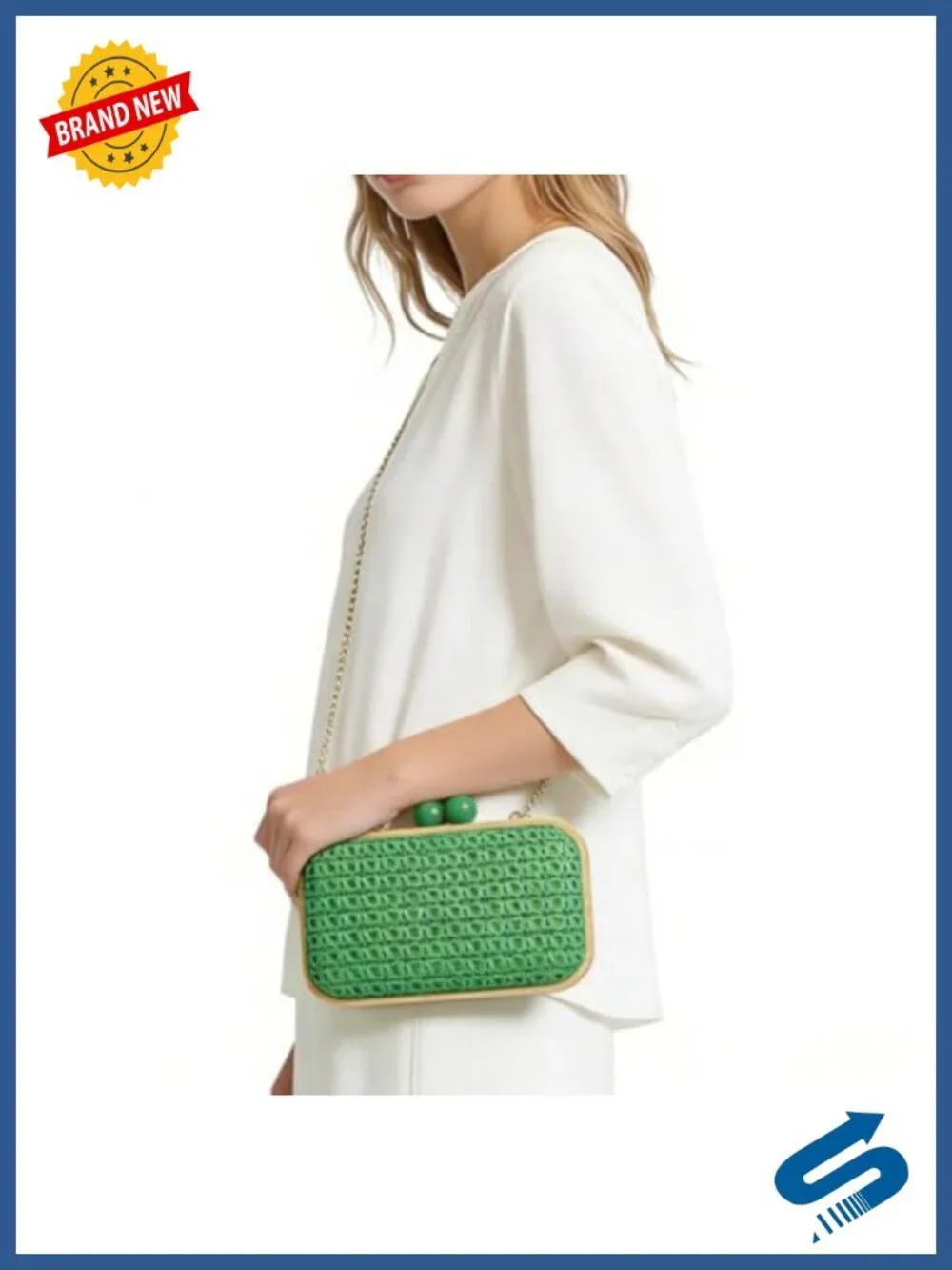 Woven Wood Clutch Evening Bag with Detachable Strap